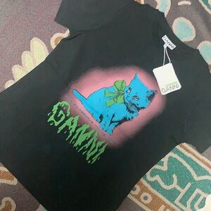 Ganni Black Blue Kitten Drippy Logo T-shirt | NWT Designer casual Essential Larg